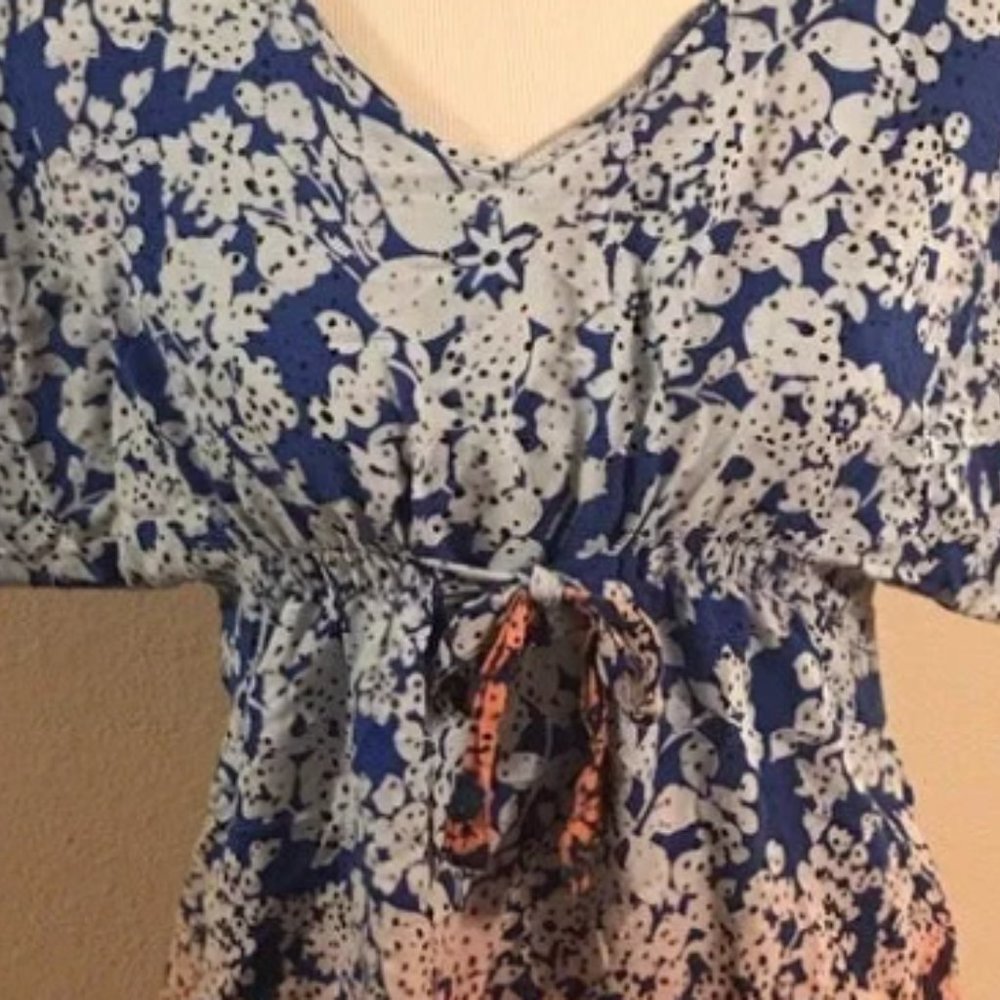 Cabi 891 Womens S Floral Ombre Blouse Short Dolman Sleeve Drawstring Tie Elastic